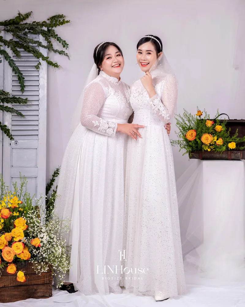 NHÃ - Áo Dài Cưới Bigsize Voan Kim Tuyến Trắng