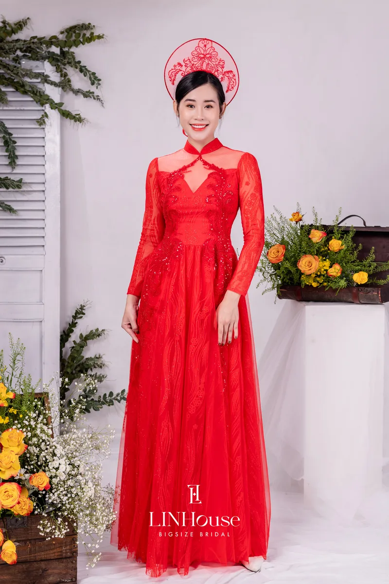 DUYÊN - Áo Dài Cưới Bigsize Voan Kim Tuyến Đỏ